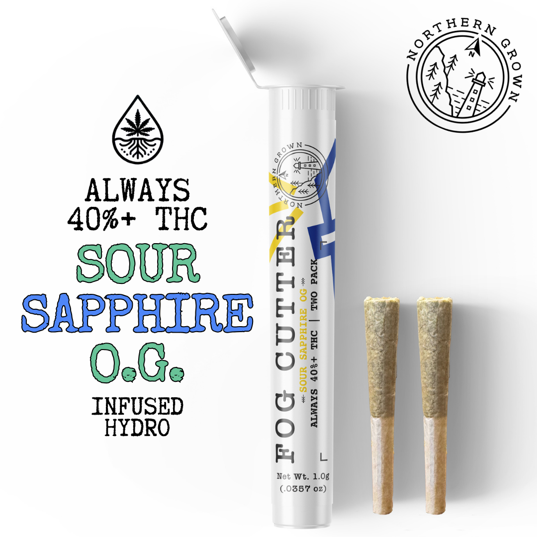 Photograph of product: Infused Pre-Roll Pack | Fog Cutter | Sour Sapphire OG 2pk | 0.5g each