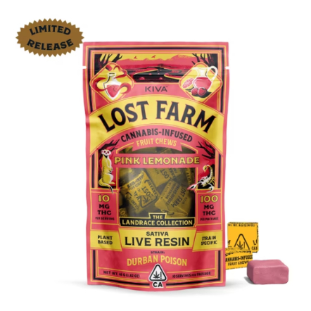 Photograph of product: PINK LEMONADE DURBAN POISON 10MG LOST FARM CHEWS 10-PACK