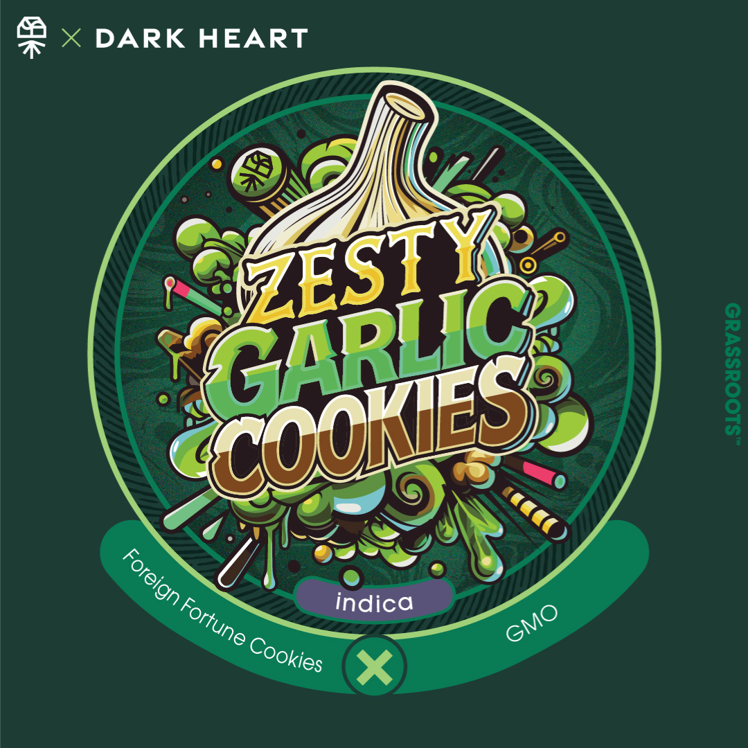 Photograph of product: Grassroots Dark Heart Collection | 3.5g Pre-Pack Whole Flower | Zesty Garlic Cookies