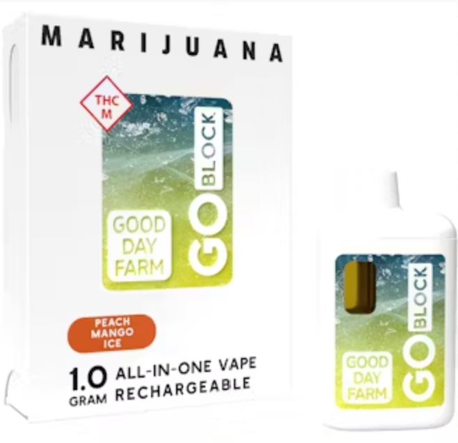 Photograph of product: GOOD DAY FARM - GO BLOCK PEACH MANGO DISPOSABLE 1G HYBRID