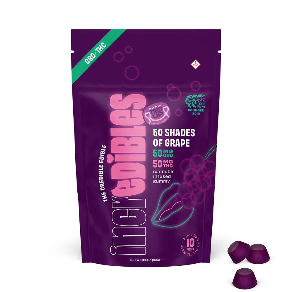 Photograph of product: Incredibles | 50 Shades of Grape | 1:1 CBC:TH-oui | Edibles | 10pk x 10mg