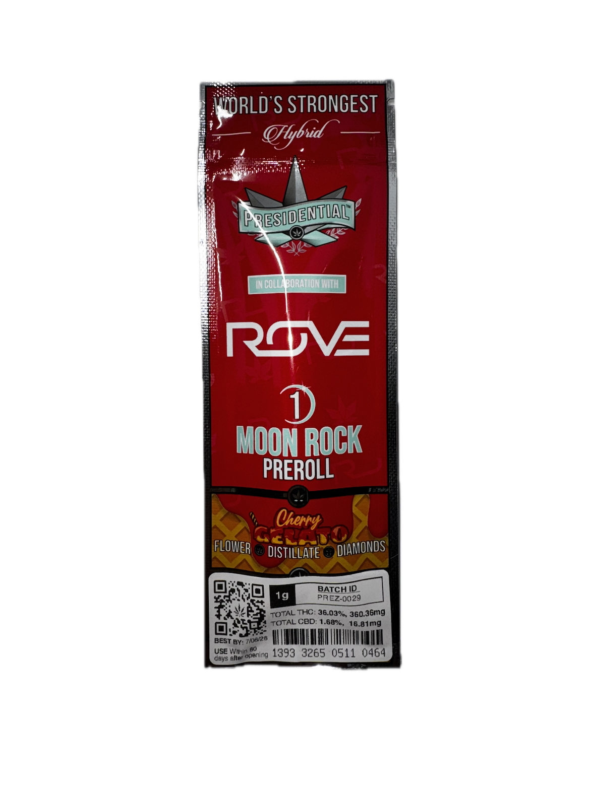 Photograph of product: PRESIDENTIAL X ROVE Cherry Gelato 1g Moon Rock Pre-Roll