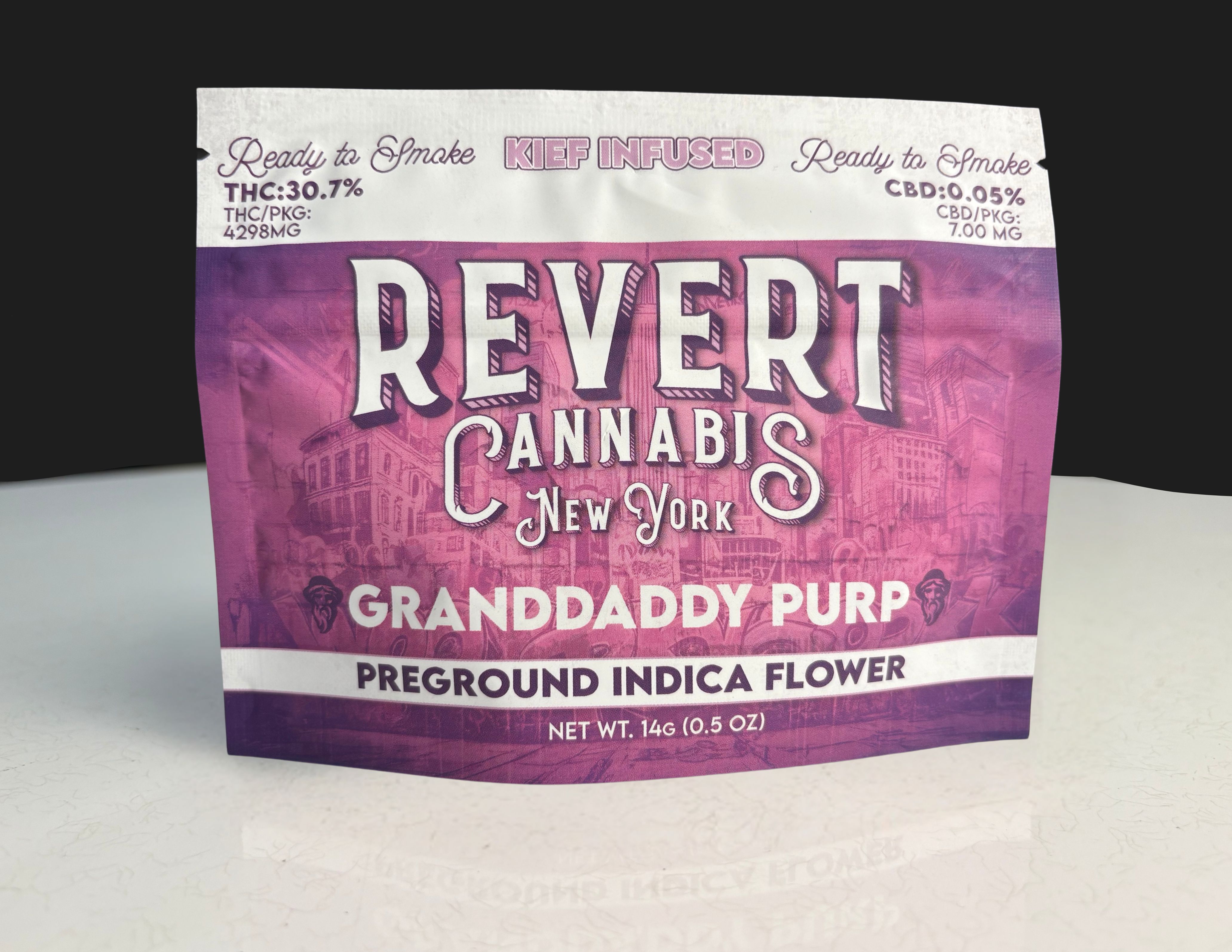Photograph of product: Revert: Ready to Smoke Granddaddy Purp Oui'd Kief Infused Ground Flower - 14g