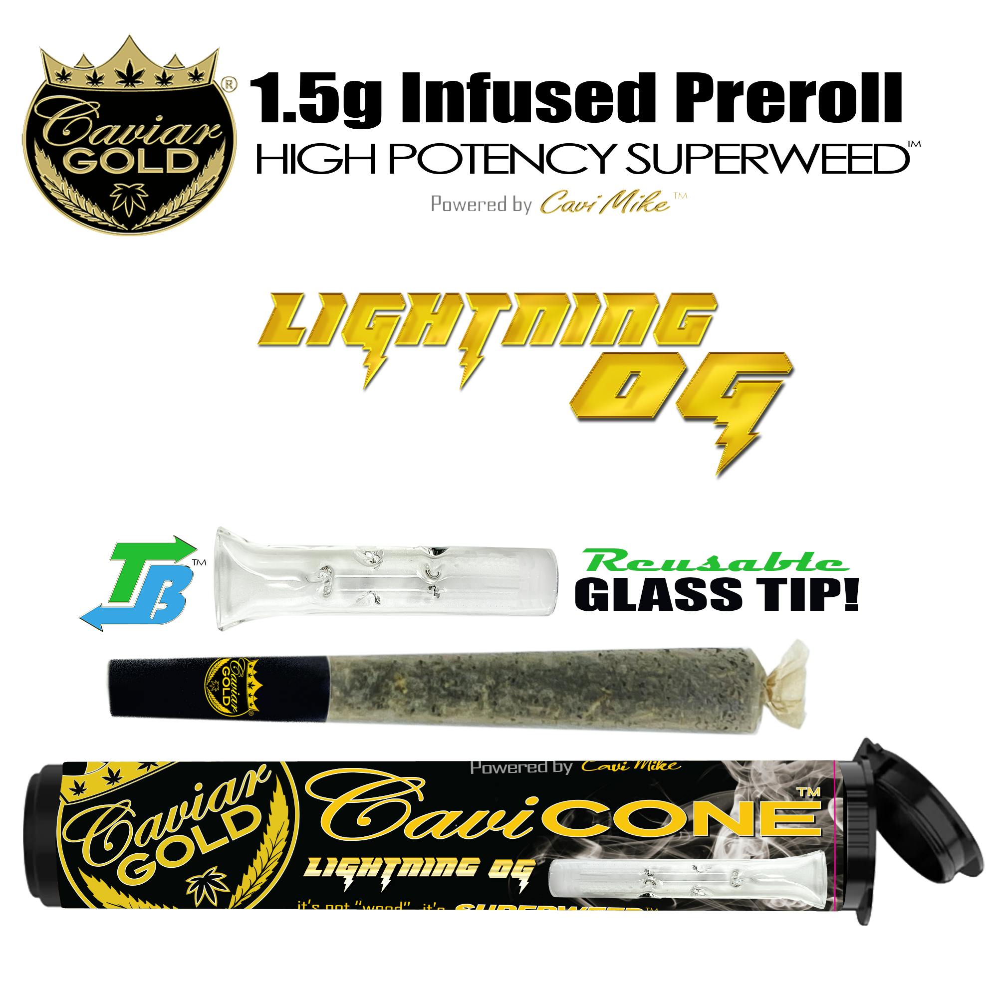 Photograph of product: CAVIAR GOLD | LIGHTNING OG CAVI CONE | INFUSED PREROLL | 1.5G