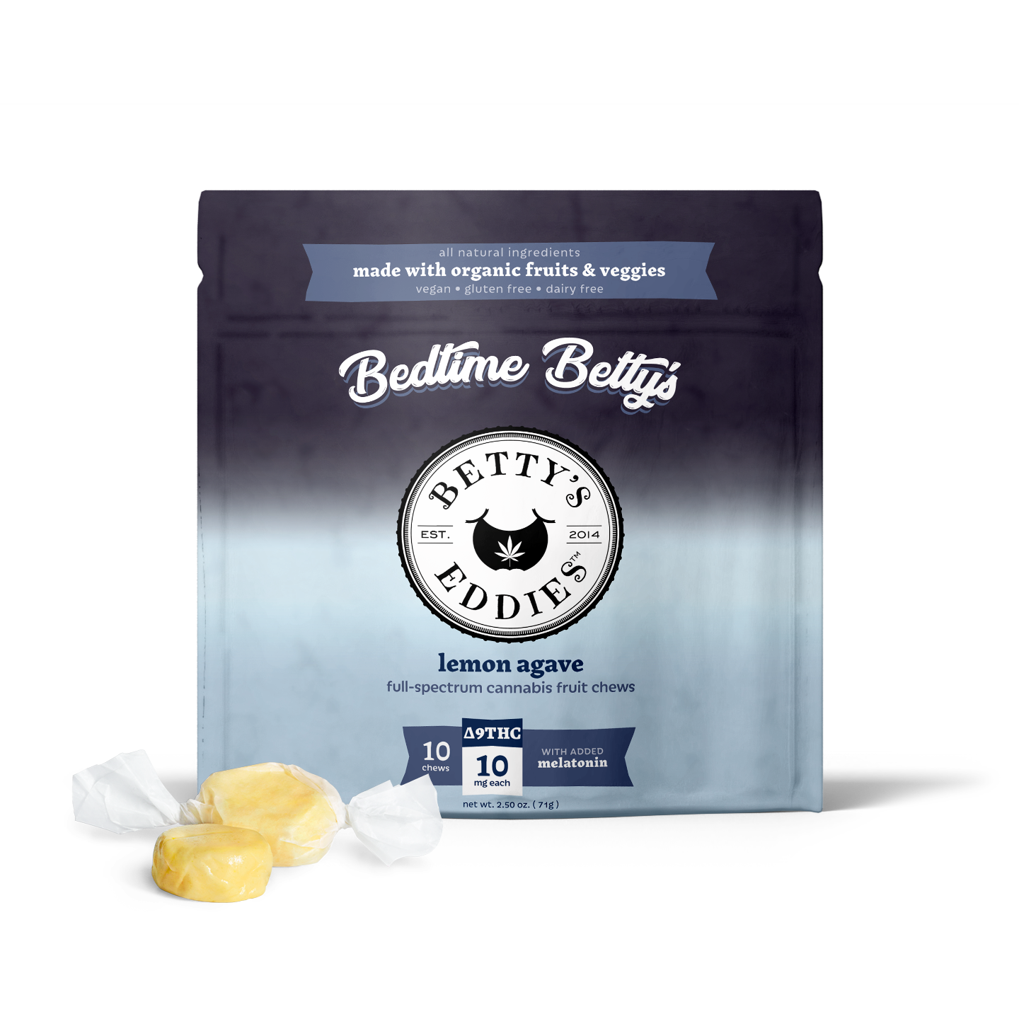 Photograph of product: Betty's Eddies | Chews | Bedtime Betty's | Lemon Agave Melatonin | 10 x 10mg