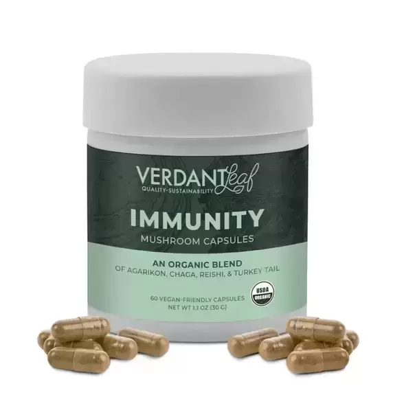 Photograph of product: Immunity - 60 Functional Mushroom Capsules (Agarikon + Chaga + Reishi + Turkey Tail) - Verdant Leaf