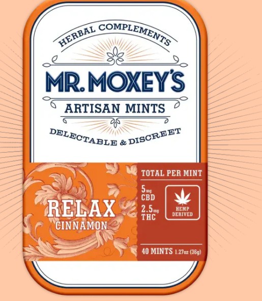 Photograph of product: 100mg 20pc 2:1 CBD:TH-oui Relax Cinnamon - Mints - Mr. Moxey's