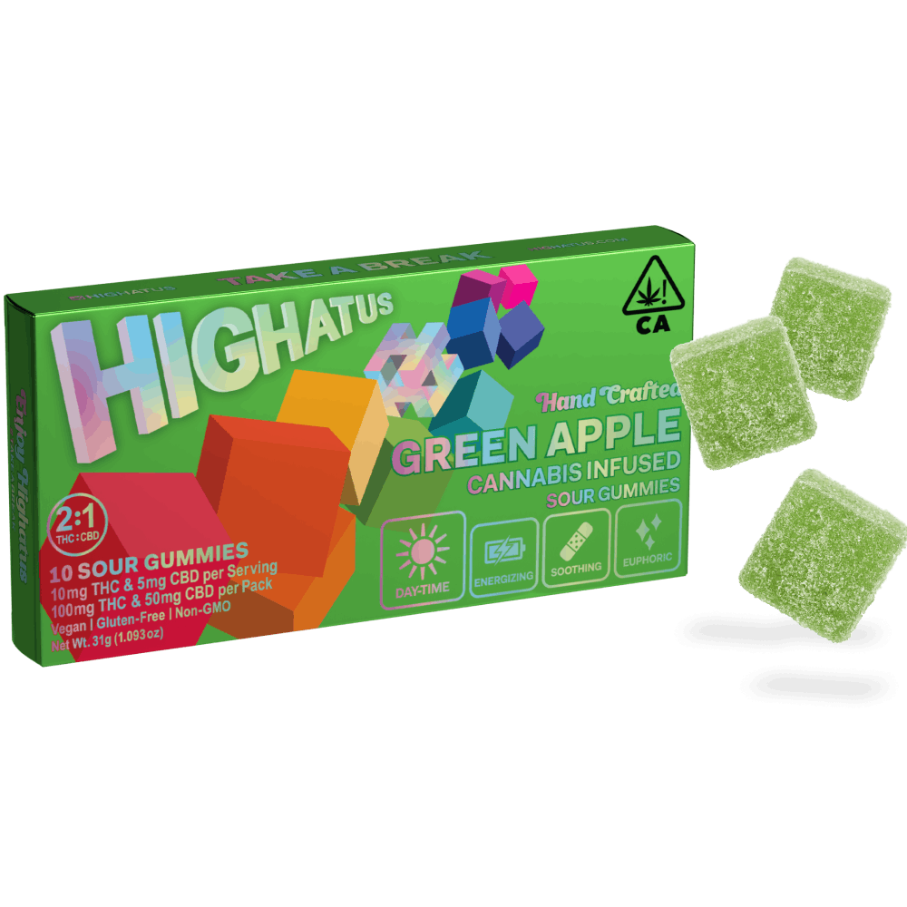 Photograph of product: HIGHATUS | GREEN APPLE THC:CBD | 2:1 SOUR GUMMIES | 10PK