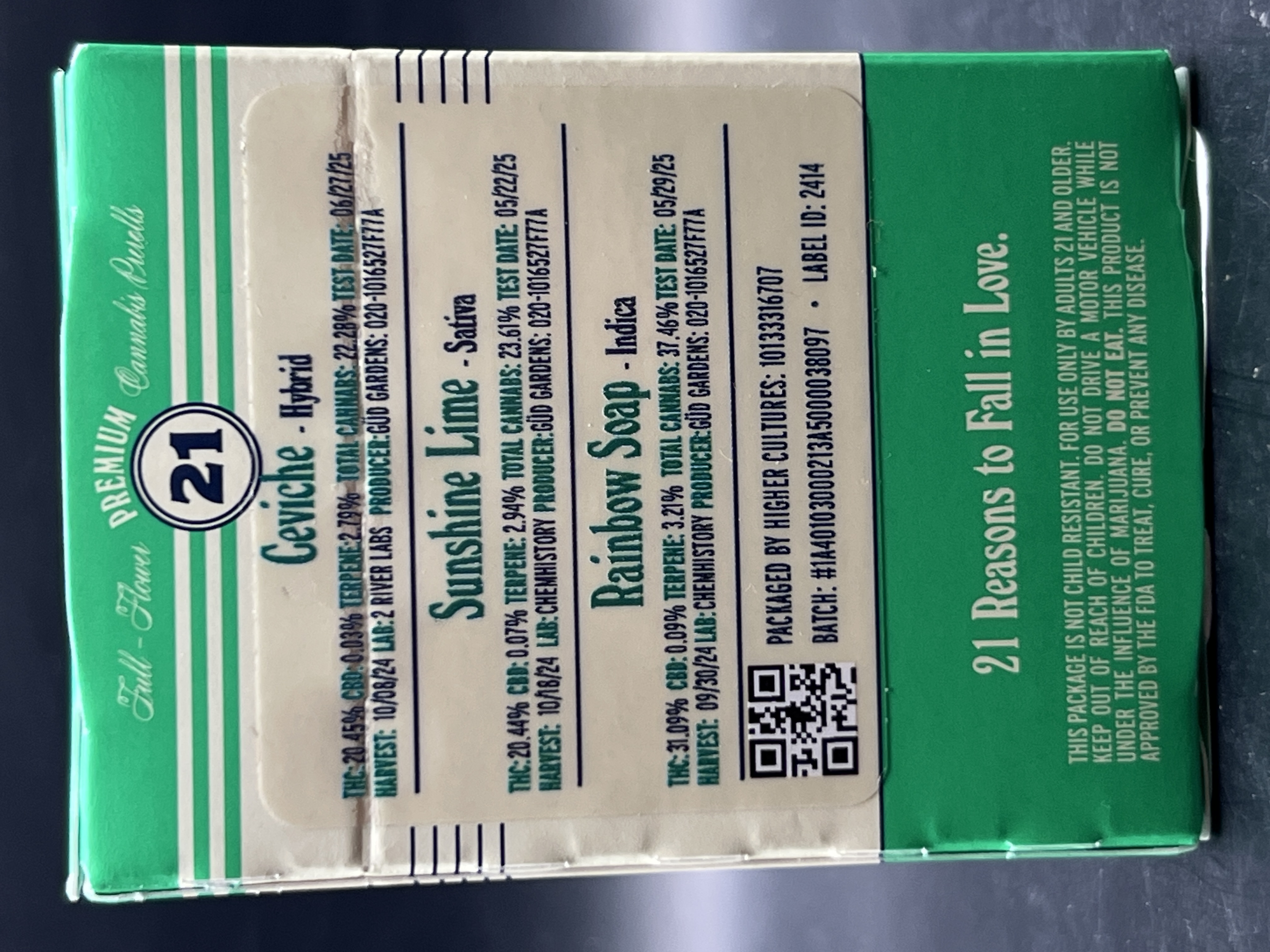 Photograph of product: Gud Gardens 'Ceviche, Sunshine Lime, Rainbow Soap ' Pre-roll 21 Pack