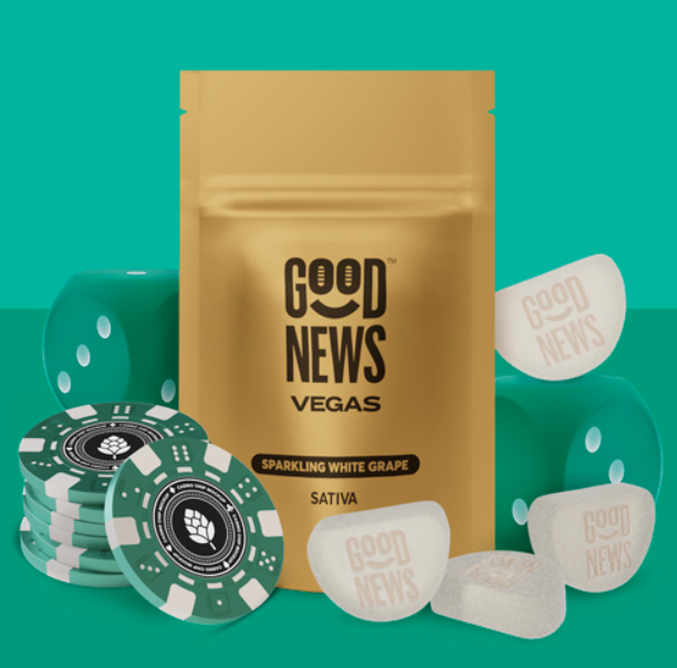 Photograph of product: GOOD NEWS VEGAS SPARKLING WHITE GRAPE 10PK GUMMIES 100MG