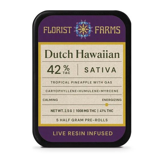 Photograph of product: Florist Farms - Dutch Hawaiian Live Resin Infused Prerolls 5pk - 2.5g