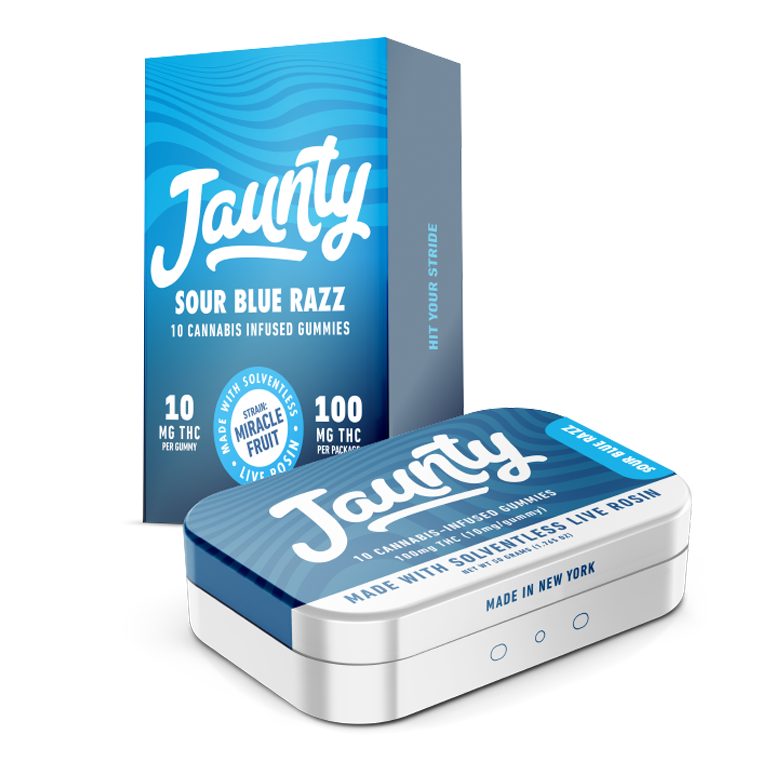 Photograph of product: Jaunty Sour Blue Razz 10pk 100mg Live Rosin Gummies