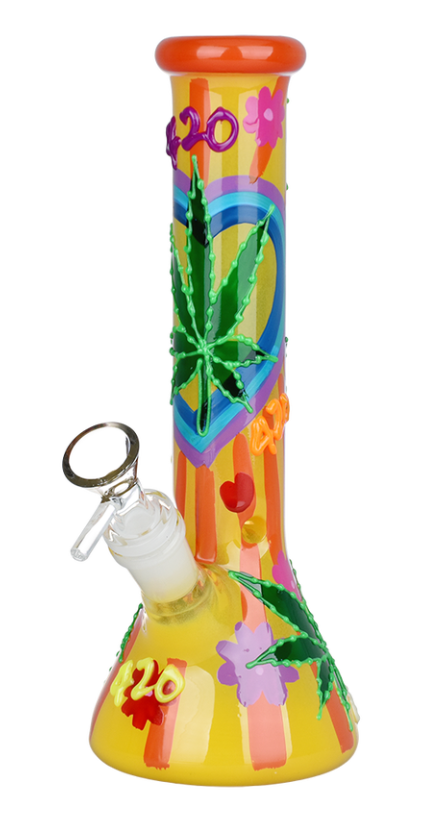 Photograph of product: 420 Hemp Leaf Glow In The Dark Beaker Glass Water Pipe - 9.25 / 14mm