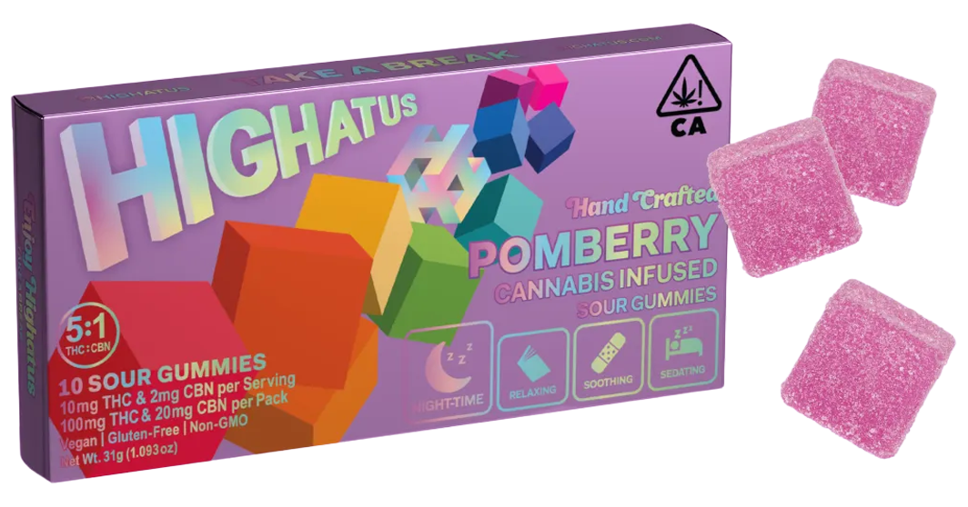 Photograph of product: Highatus | Sour Pomberry 5:1 THC:CBN | 31G Gummies 10PK