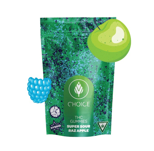 Photograph of product: Choice Chews - Super Sour Raz Apple - Gummies - 100mg - Hybrid