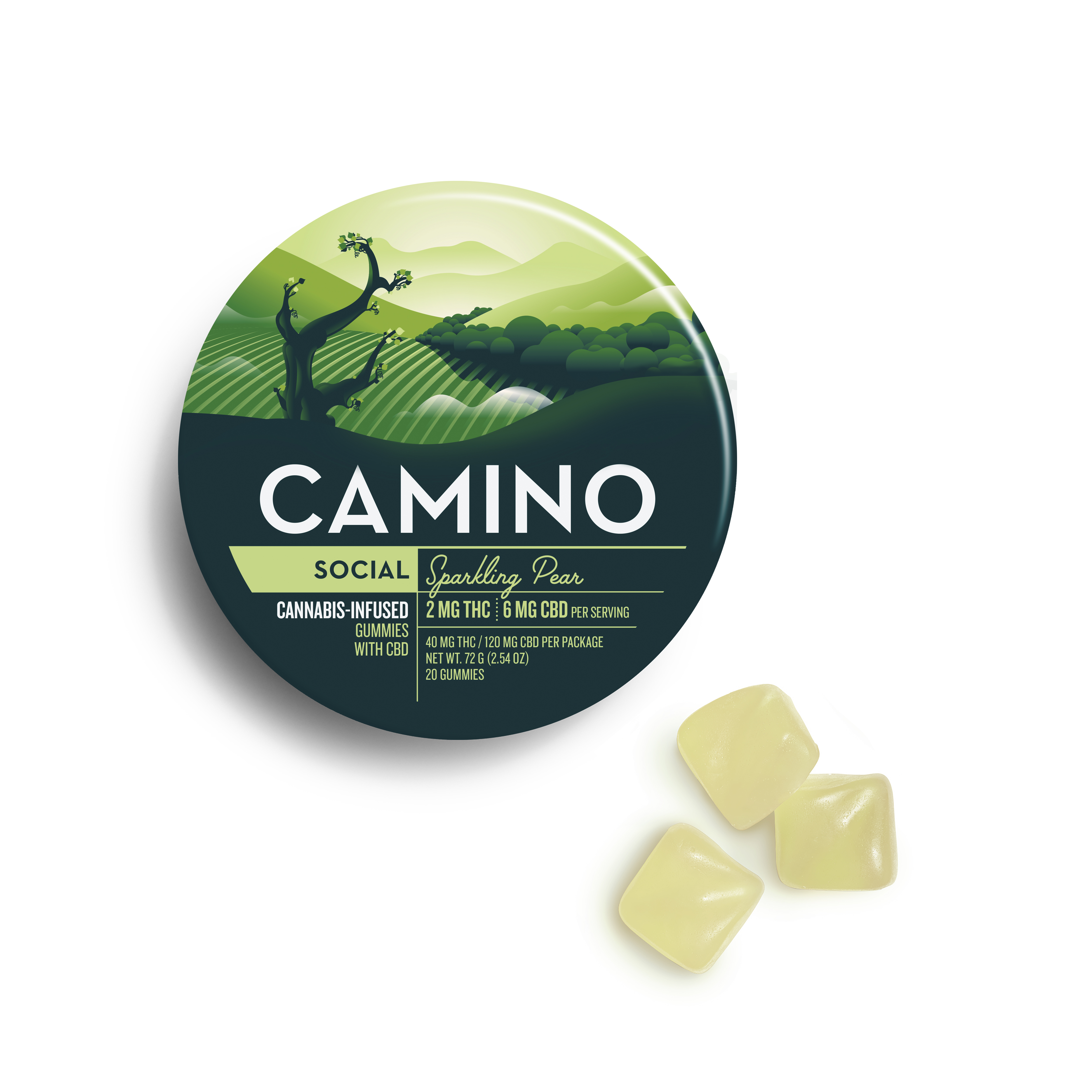 Photograph of Product: Camino 'Social' Sparkling Pear Gummies [20pk] (40mg THC : 120mg CBD)