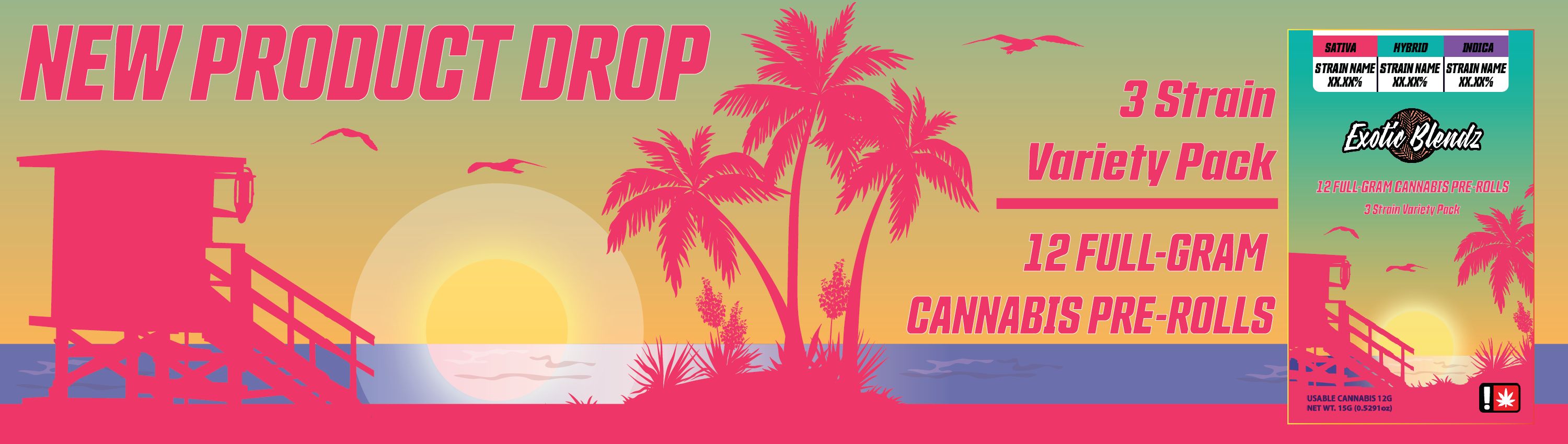 Photograph of product: EXOTIC BLENDZ - PREROLL - 12PK - VARIETY PACK - GUAVA GELATO x APPLES AND BANANAS x TRIPPLE