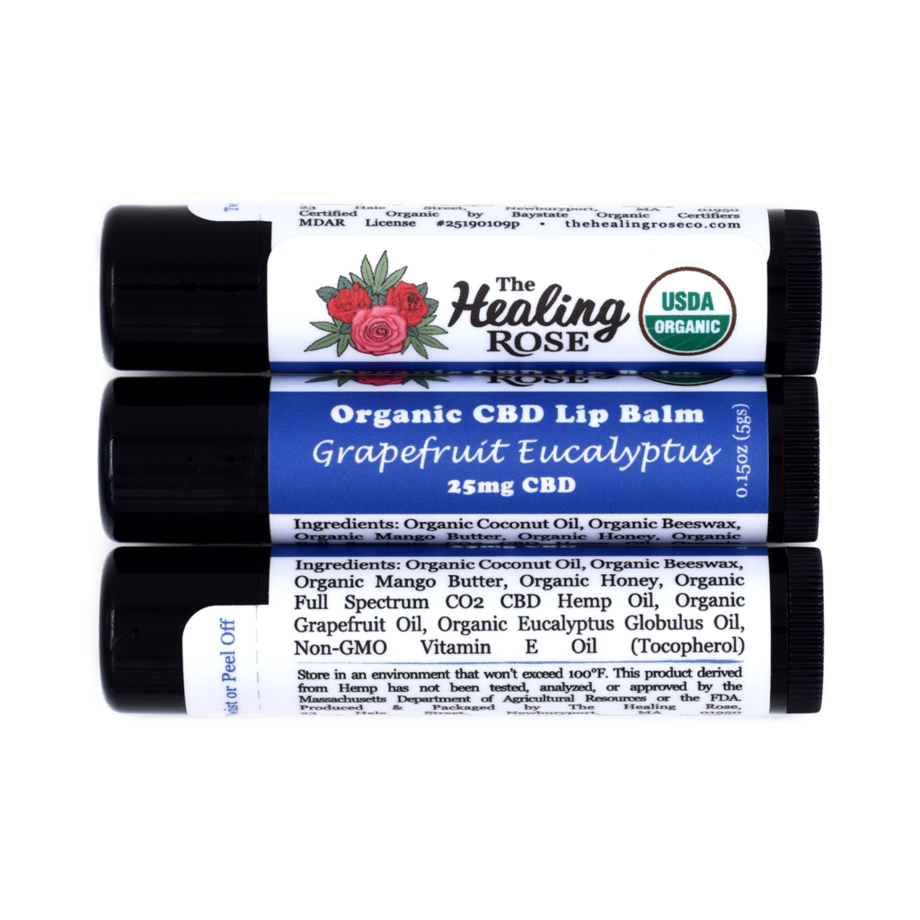 Photograph of product: 25mg CBD - Organic Grapefruit Eucalyptus Lip Balm - The Healing Rose