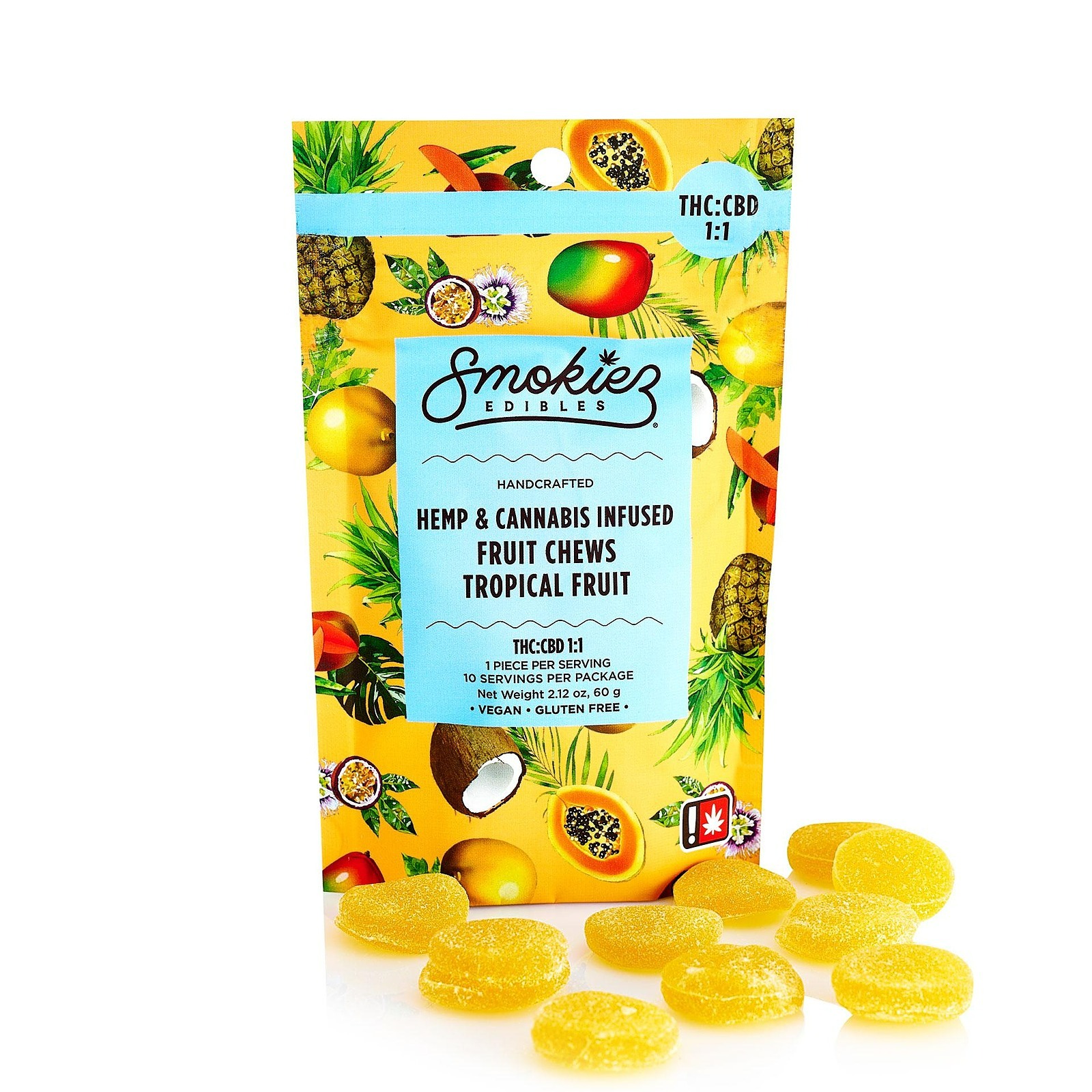 Photograph of product: Smokiez Edibles 100mg 1:1 TH-oui:CBD SOUR TROPICAL FRUIT Hemp & Oui'd Infused Fruit Chews 10pk