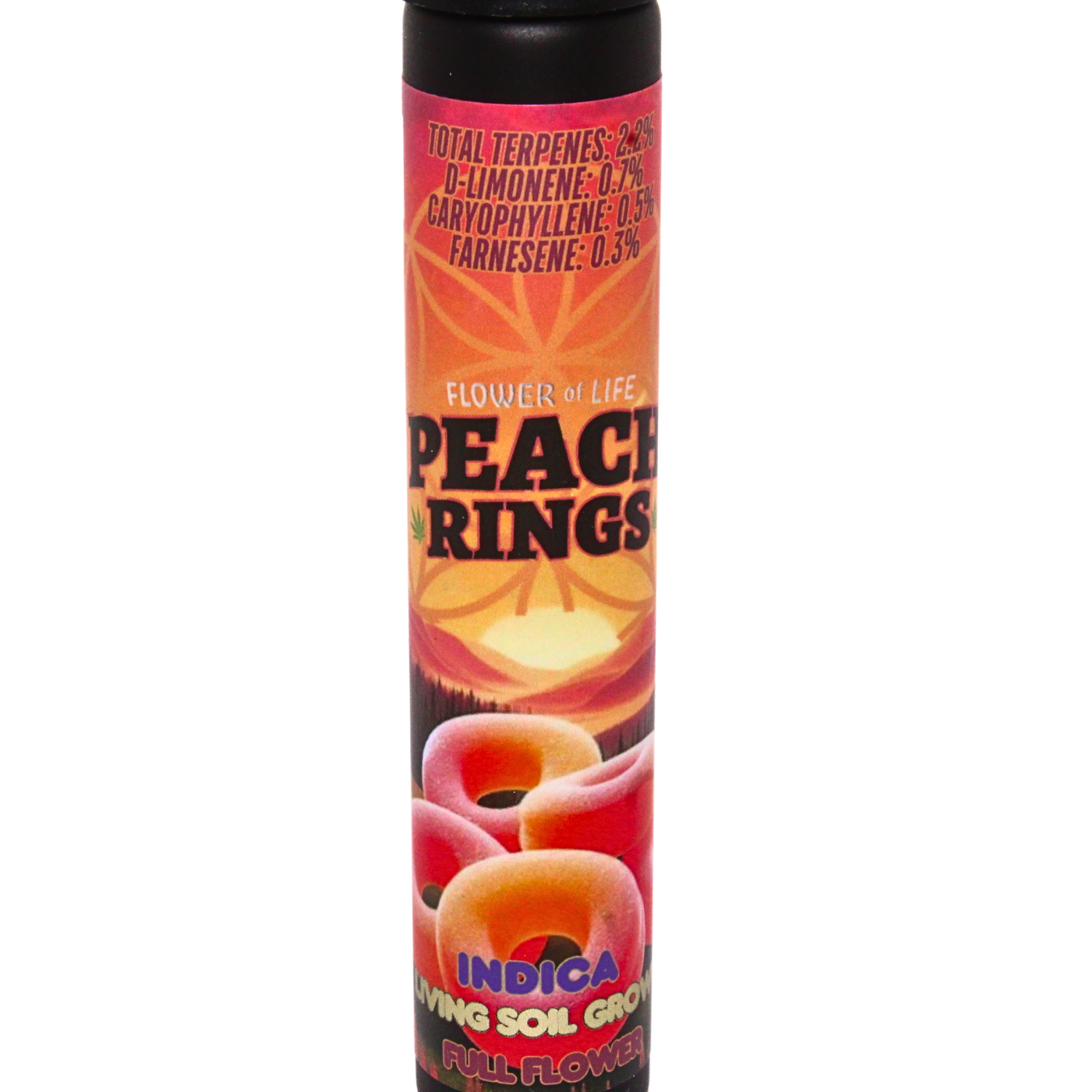 Photograph of product: FLOWER OF LIFE PEACH RINGS FULL FLOWER PREROLL REC