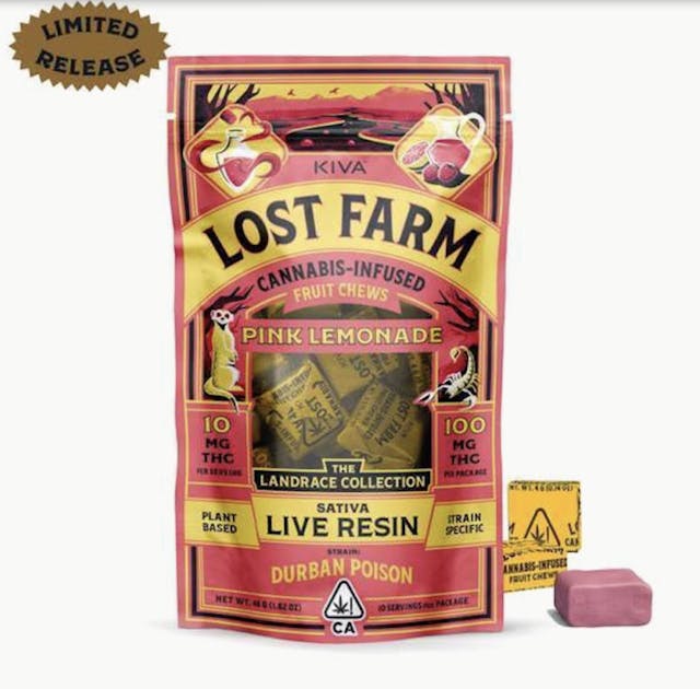 Photograph of product: Pink Lemonade Lost Farm Chews 100mg Durban Poison - 