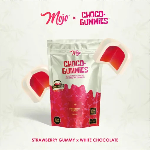 Photograph of product: Mojo - 200MG Choco-Gummies - White Chocolate Strawberry