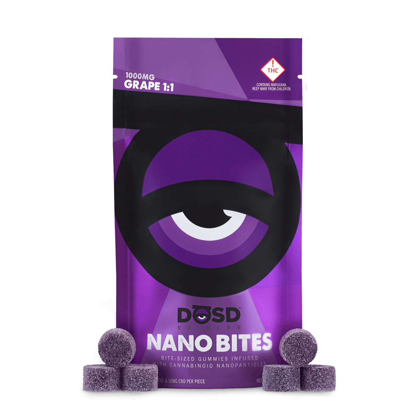 Photograph of product: DOSD - 1000mg NANO BITES GRAPE 1:1 TH-oui/CBD