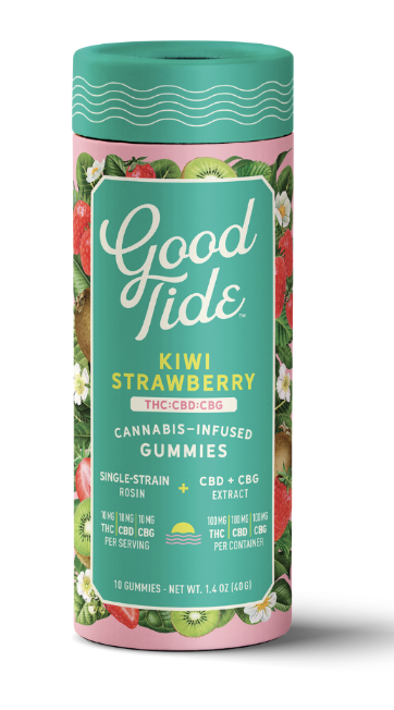 Photograph of product: Good Tide 100mg (1:1:1 TH-oui: CBD:CBC) Single-Strain Rosin Gummies - Kiwi Strawberry 10 x 10mg