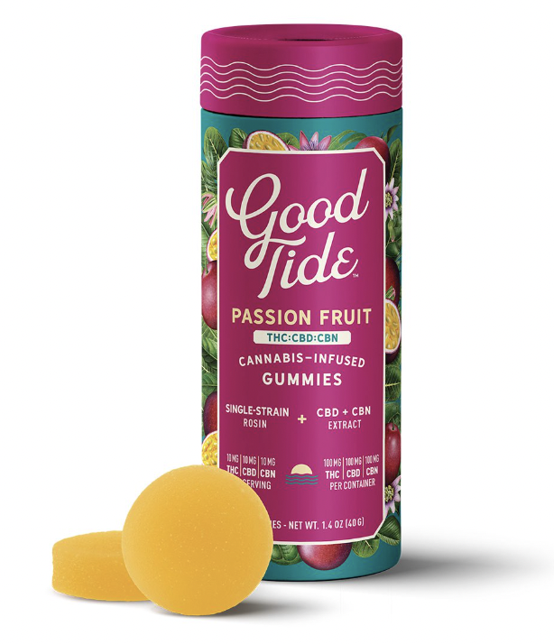 Photograph of product: Good Tide | 100mg | Passion Fruit 1:1:1 (Oui'd) TH-oui:CBD:CBN Gummies 10pk