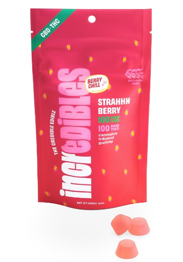 Photograph of product: Incredibles: Strahhhberry 1:1 | 100mg TH-oui | 100mg CBD | 10pk