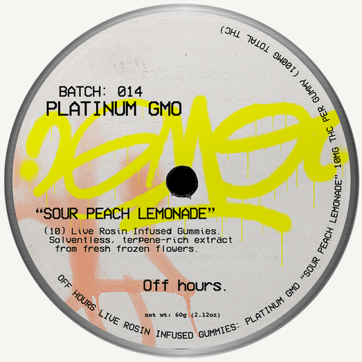 Photograph of product: Off Hours | Platinum GMO Sour Peach Lemonade Live Rosin Gummies | 10mgTH-oui | 10pk
