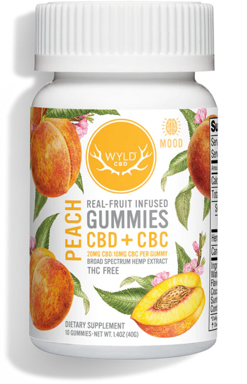 Photograph of product: Gummies | Peach | 20mg CBD + 10mg CBC per gummy | 10ct | 200mg | WYLD CBD
