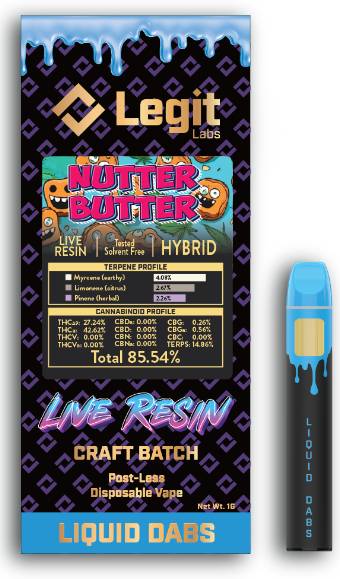 Photograph of product: Nutter Butter | Live Resin | Post-Less Disposable | Legit Labs