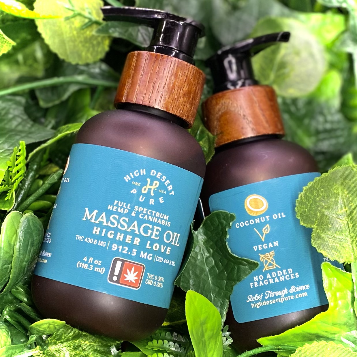 Photograph of product: Higher Love - 4oz 1:1 Massage Oil - 400mg TH-oui & 400mg CBD - High Desert Pure