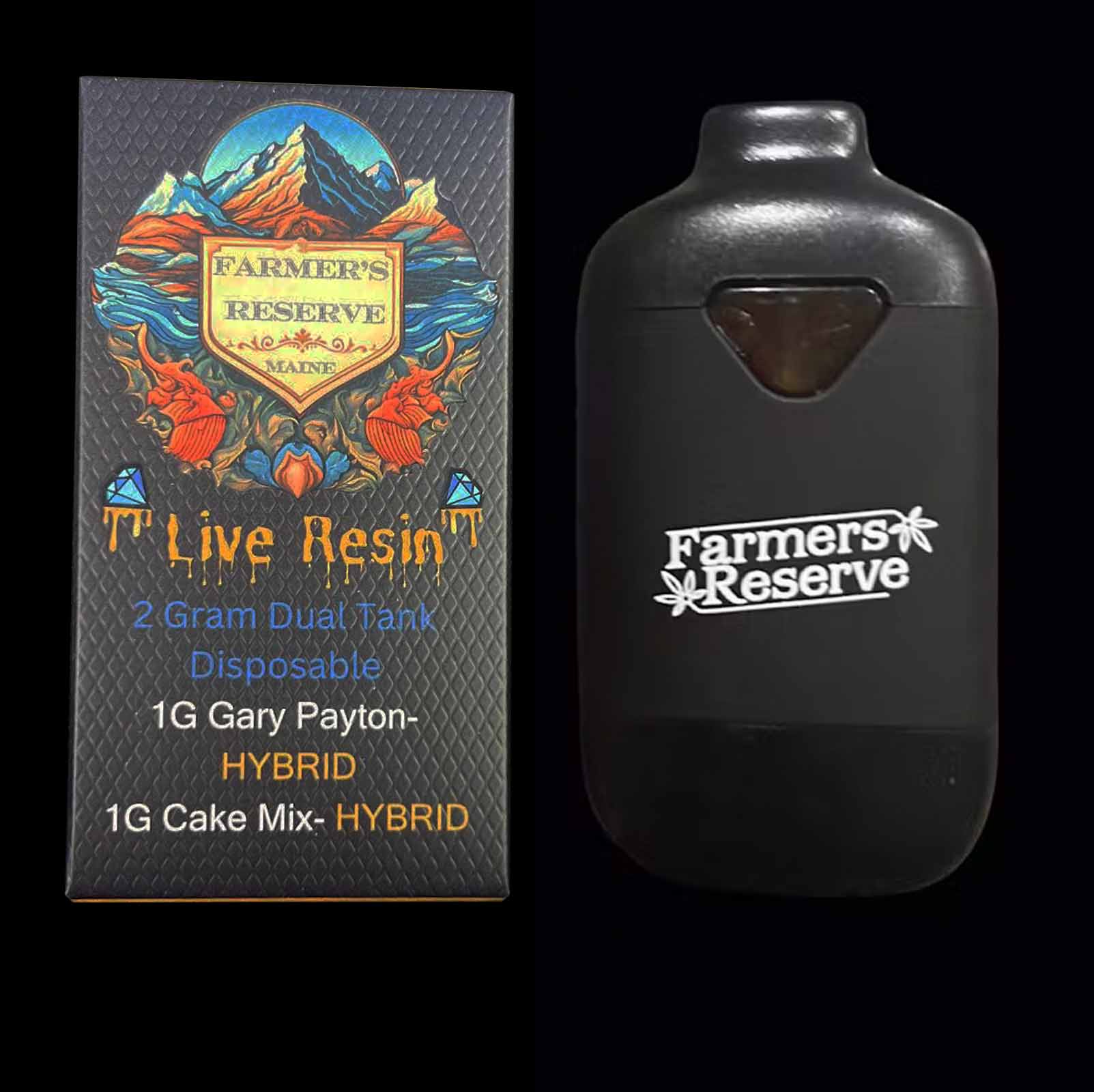 Photograph of product: Farmers Reserve Live Resin Dual Tank Disposable Cart Gary Payton / Cake Mix 2G