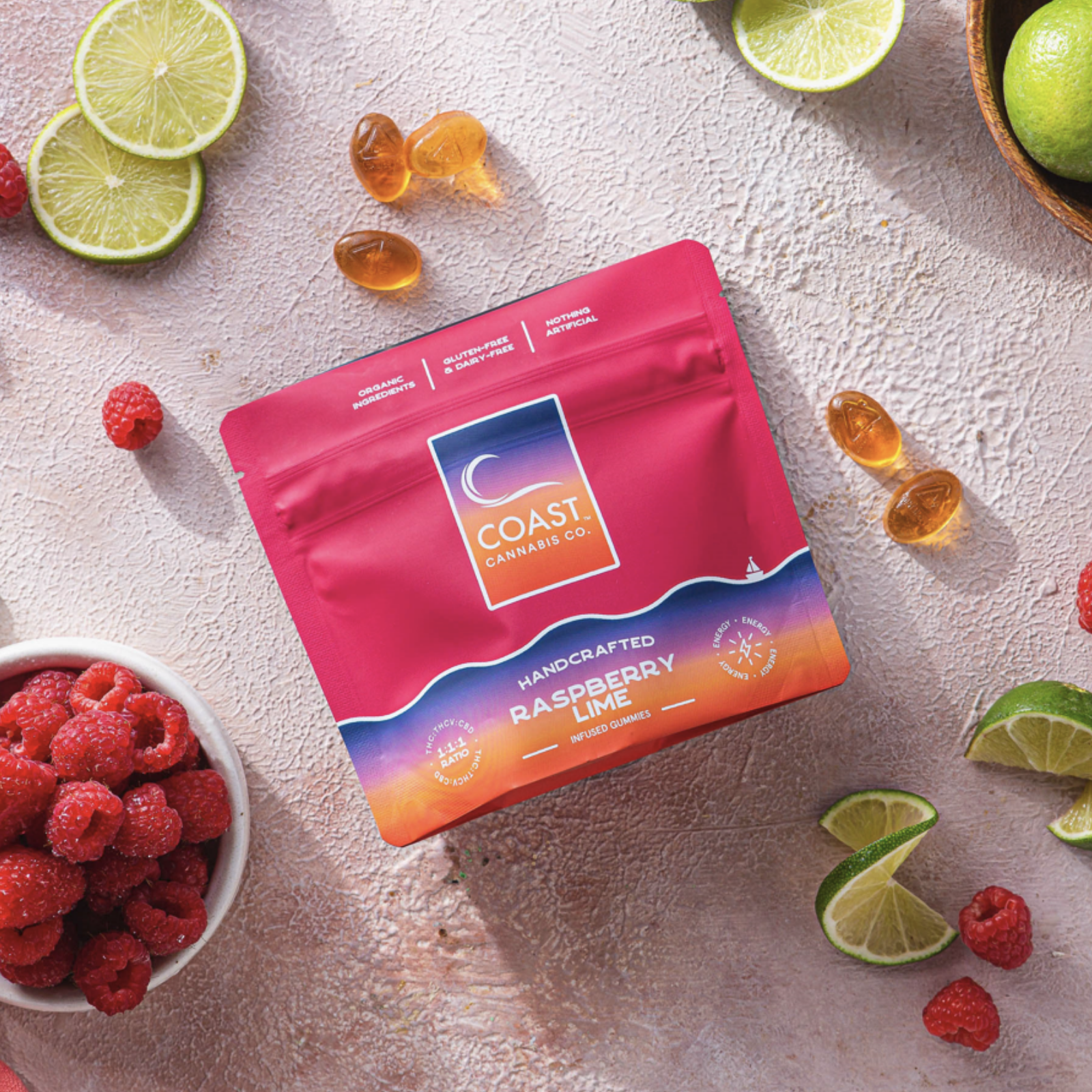 Photograph of product: 100mg Gummies | 1:1:1 Raspberry Lime | Coast Oui'd