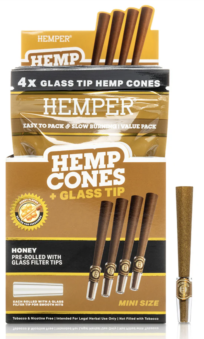 Photograph of product: HEMPER HONEY MINI HEMP CONES W/ GLASS TIPS 4PK