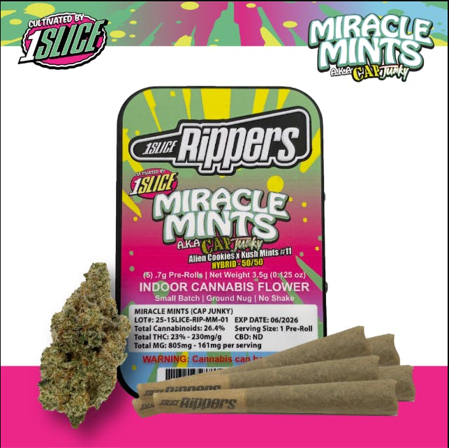 Photograph of product: 1Slice | 0.7g Pre-Roll 5pk (3.5g) | Miracle Mints