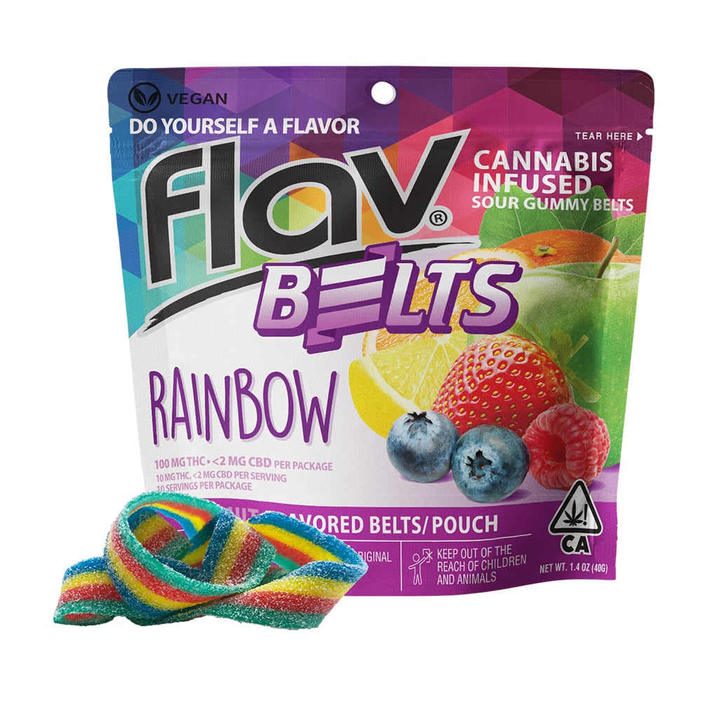 Photograph of product: Flav | Rainbow Sour Belts | Live Resin Gummies | 10ct | 100mg
