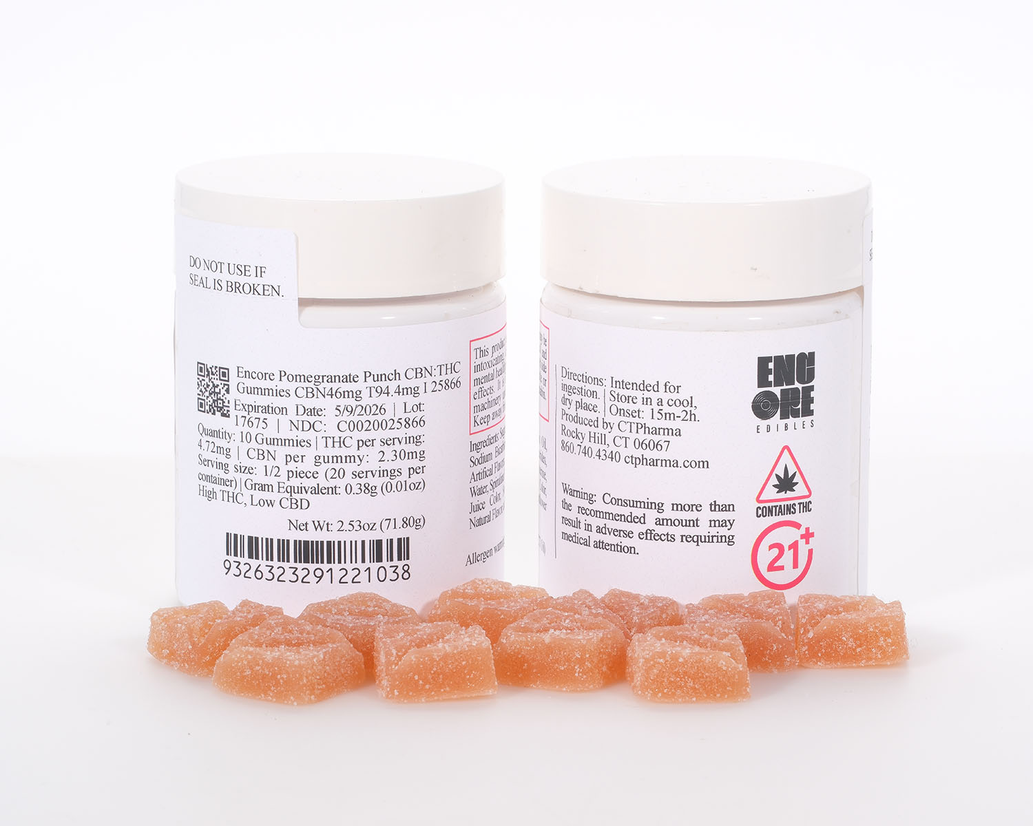Photograph of product: Encore Pomegranate Punch CBN:TH-oui | (46mg:94.4mg) 10mg Pieces (10pk) (I) | 25866