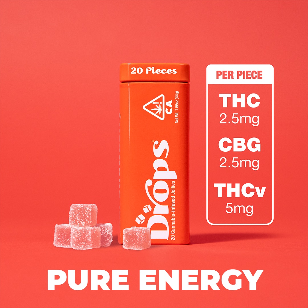 Photograph of product: DROPS: STRAWBERRY ENHANCED 50MG 20-PIECE GUMMIES LIVE ROSIN 2:2:1 (TH-oui:CBG:TH-ouiV) PURE ENERGY