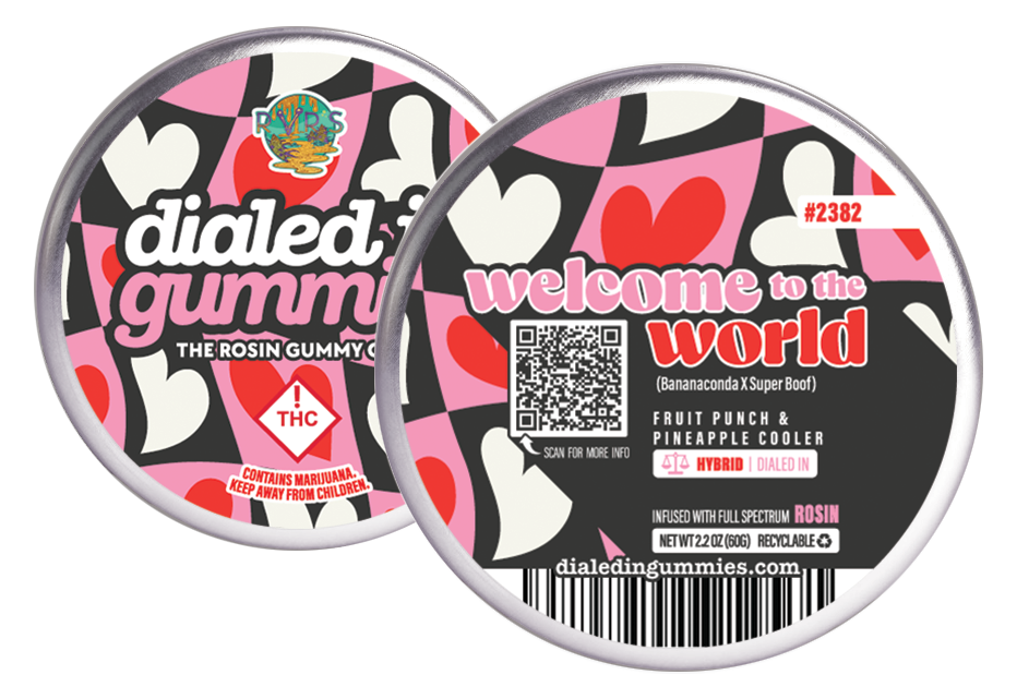 Photograph of product: Dialed In...Gummies (H) Welcome to the World Batch #2382 Lux Cherry/Blueberry Live Rosin Gummies 100mg