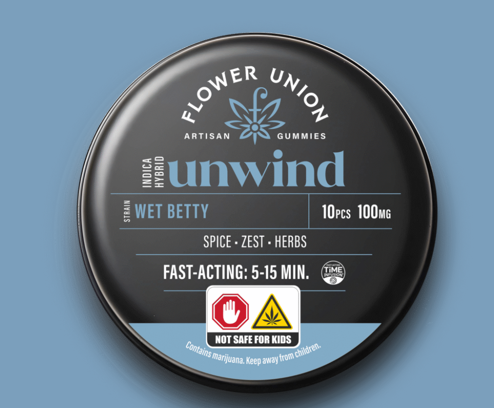 Photograph of product: Flower Union | Edibles | Unwind |  Wet Betty | fast acting gummies | Oui'd-Hybrid -10pk