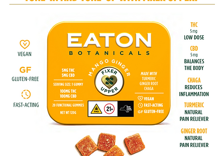 Photograph of product: Eaton Botanicals "Fixer Upper" Mango Ginger 5mg TH-oui, 5mg CBD, 35mg CHAGA each