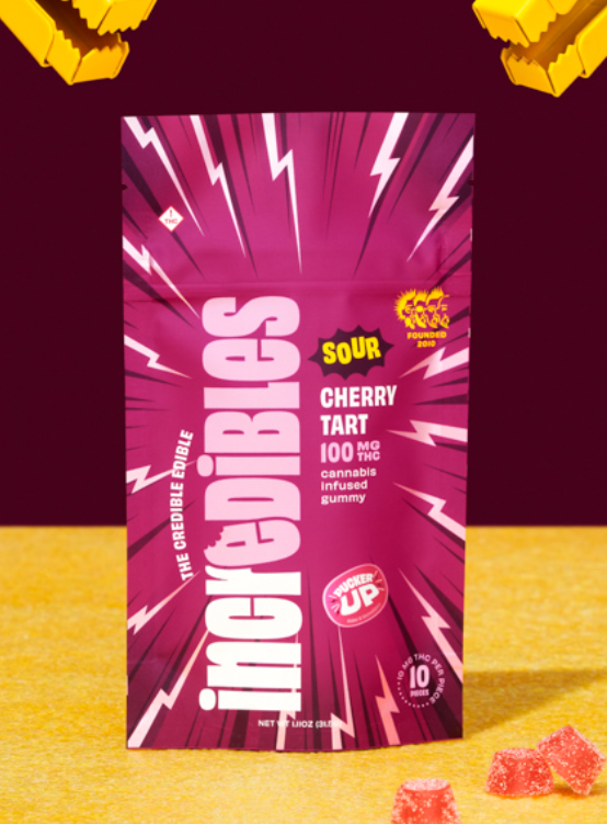 Photograph of product: Incredibles Sour Cherry Tart Gummies 100mg 20pk