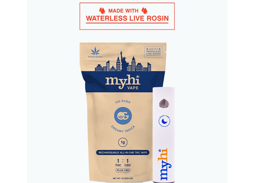 Photograph of product: MyHi | OG Kush Dreamy Oui'd | 1:1 TH-oui / CBD + CBN | Waterless Live Rosin Disposable | 1g