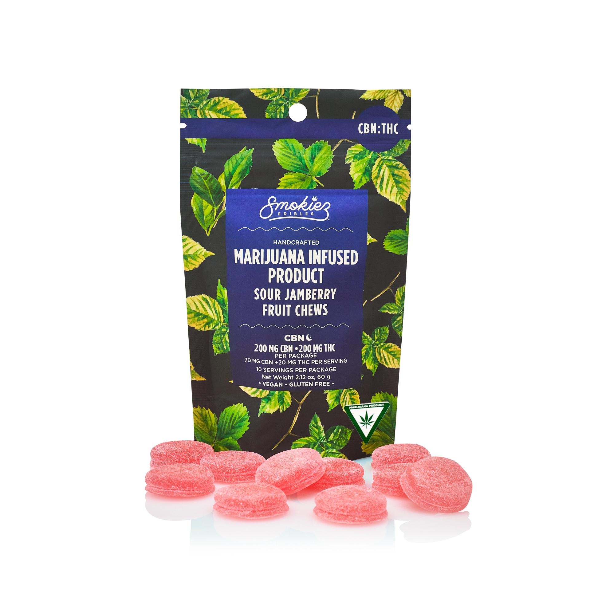 Photograph of Product: Smokiez Sour Jamberry (1:1/CBN:THC) Fruit Chews