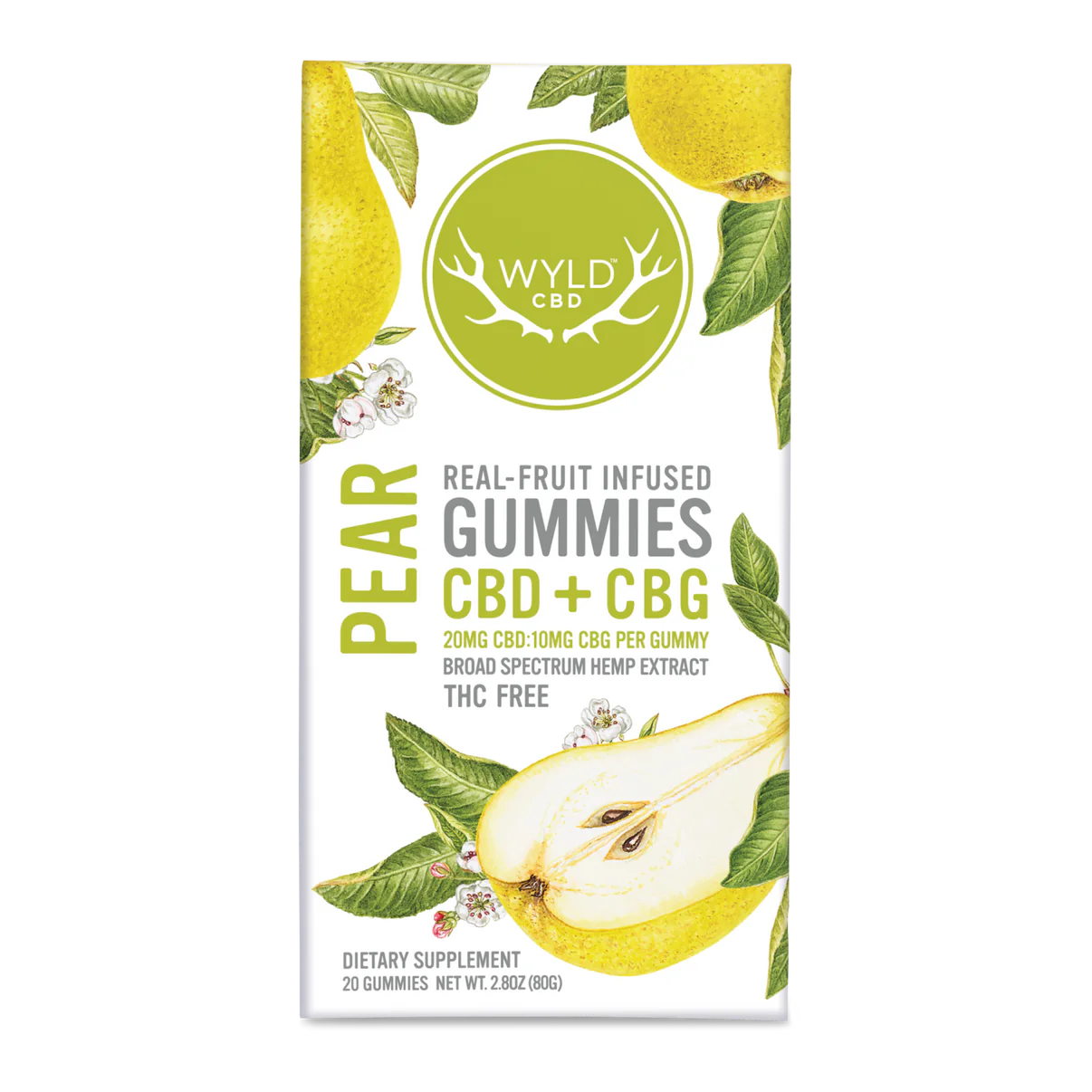 Photograph of product: Wyld CBD | Pear CBD + CBG Gummies | 400mg CBD/200mg CBG THC-Free | BOOST | 20ct (20mg CBD/10mg CBG per)