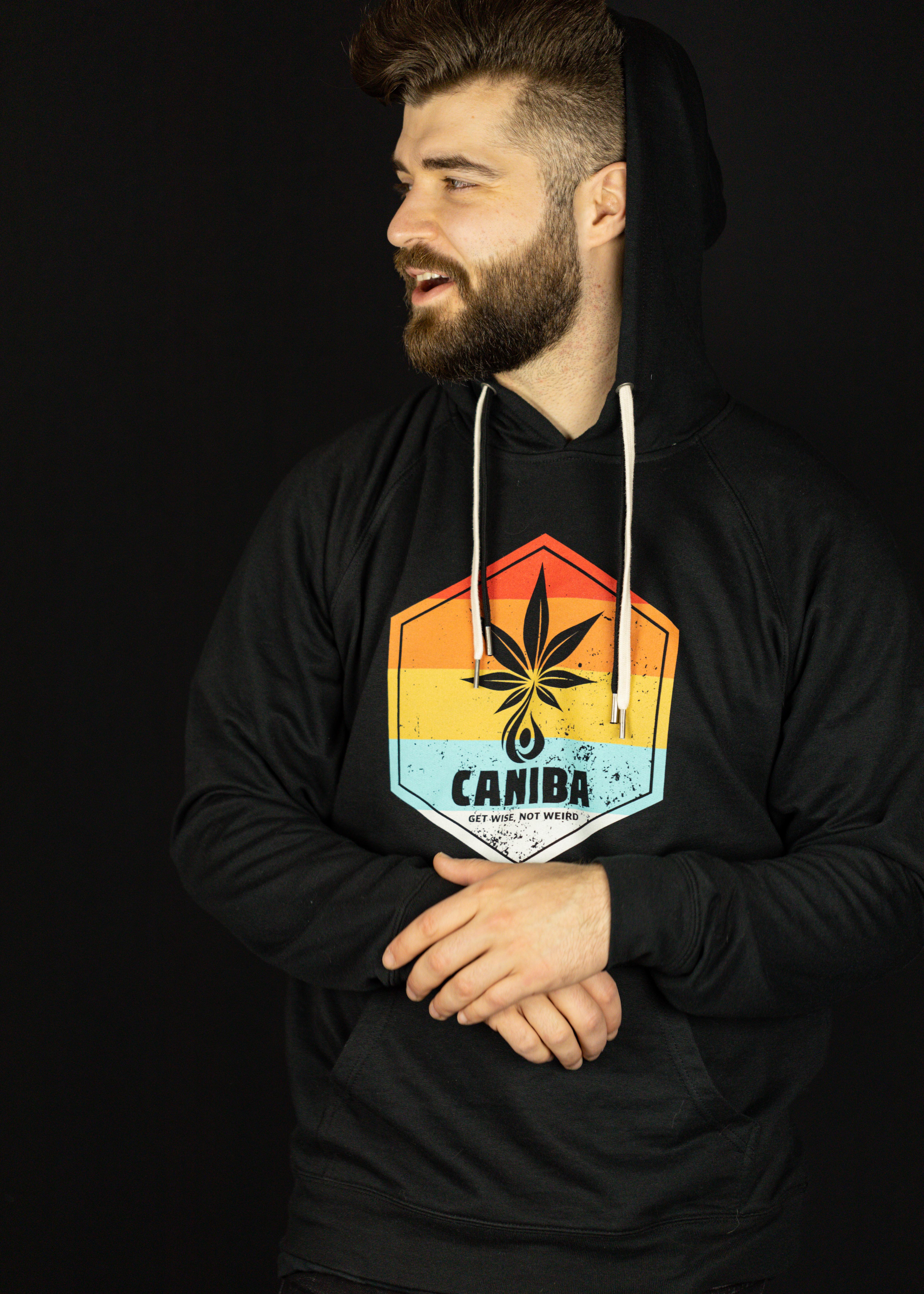 Photograph of product: Hoodie. S. Black. Hexagon Badge. Caniba