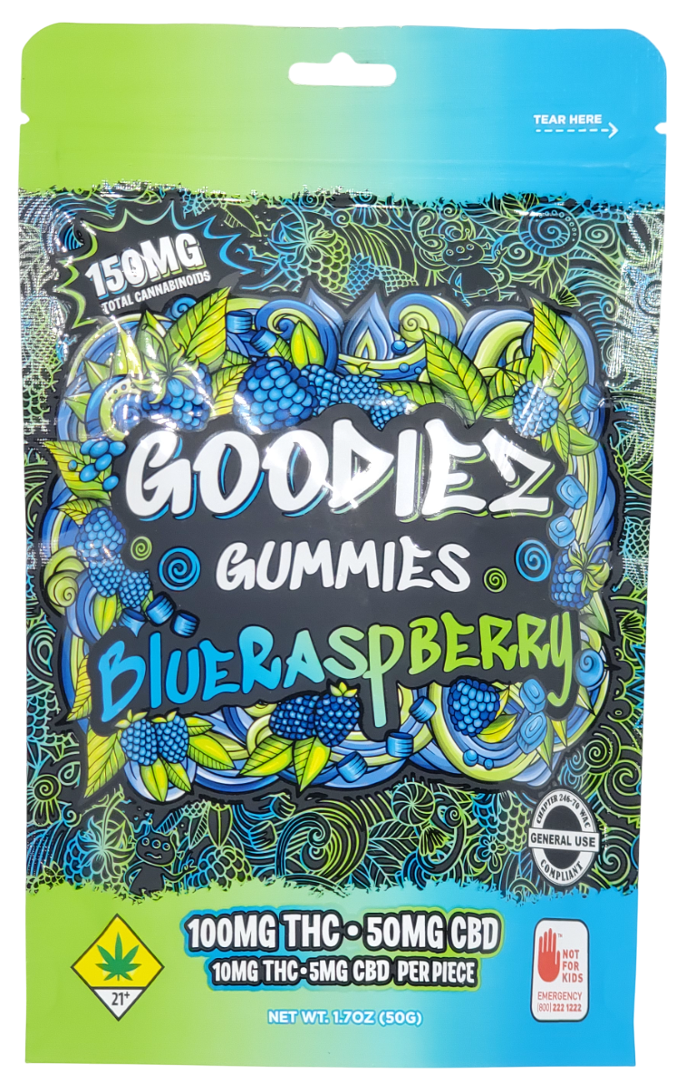 Photograph of product: Goodiez Blue Raspberry Gummies 100mg TH-oui 50mg CBD 10pk